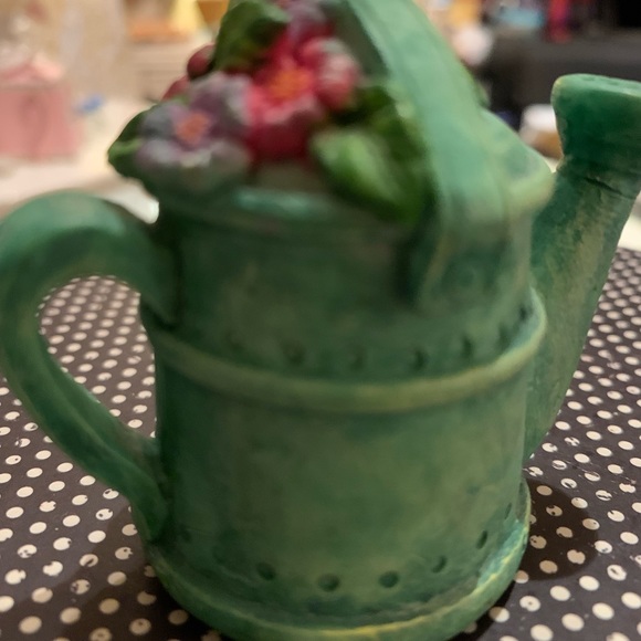 Candle Snuffer w Brass Interior Green Watering Can Topped with Flowers 2 1/2 “ - Picture 7 of 10